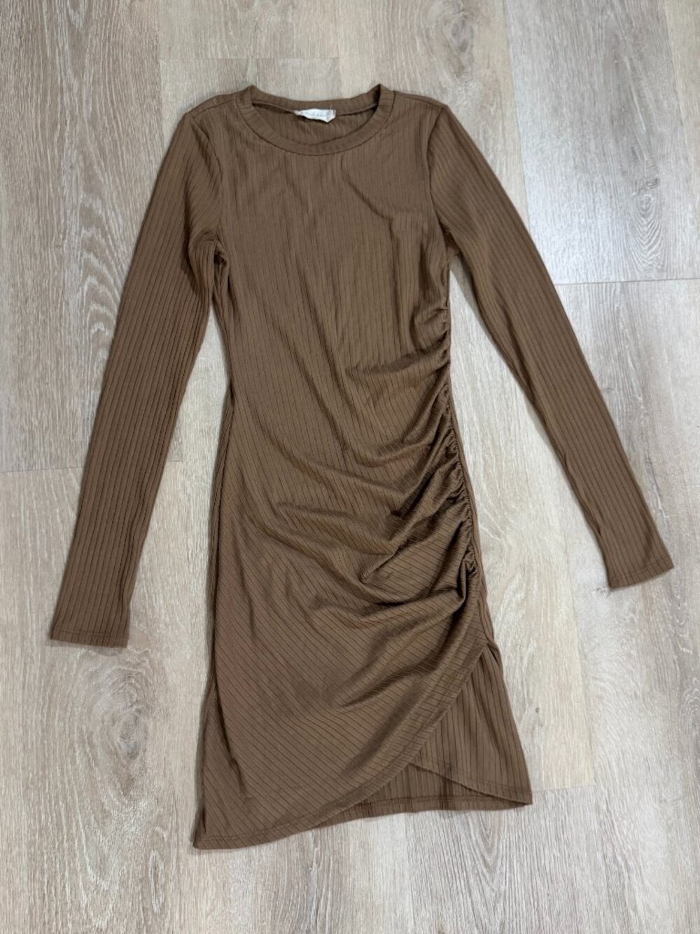 Altar’d State Ribbed Ruched Mini Dress XS Brown Long Sleeve